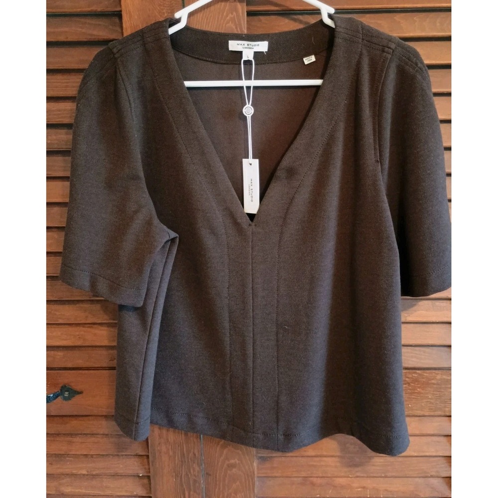 NWT Max Studio Chocolate Brown Vneck Top Blouse Sz Large Neutral Minimalist